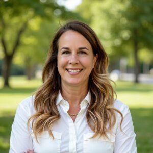 A woman with long wavy hair wearing a white blouse smiles outdoors in a green park with trees and sunlight in the background.